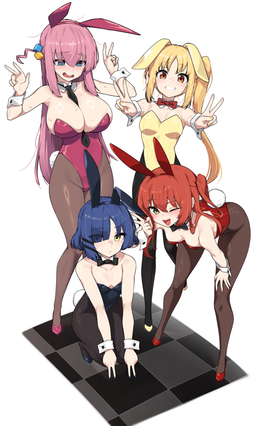 4girls ;d @_@ animal_ears bare_shoulders bent_over between_breasts black_bow black_bowtie black_necktie black_pantyhose black_ribbon blonde_hair blue_eyes blue_hair blue_leotard blue_nails blush bocchi_the_rock! bow bowtie breasts brown_eyes brown_pantyhose cleavage covered_navel cube_hair_ornament detached_collar dev_(dev0614) double_v downblouse embarrassed fake_animal_ears full_body gotoh_hitori green_eyes grin hair_between_eyes hair_ornament hair_ribbon highleg highleg_leotard highres ijichi_nijika kessoku_band kita_ikuyo large_breasts leaning_forward leotard long_hair looking_at_viewer mole mole_under_eye multiple_girls necktie necktie_between_breasts one_eye_closed one_side_up open_mouth pantyhose pink_hair pink_leotard pink_nails playboy_bunny rabbit_ears red_hair red_leotard red_nails ribbon short_hair side_ponytail small_breasts smile squatting strapless strapless_leotard sweat v wrist_cuffs yamada_ryo yellow_eyes yellow_leotard yellow_nails