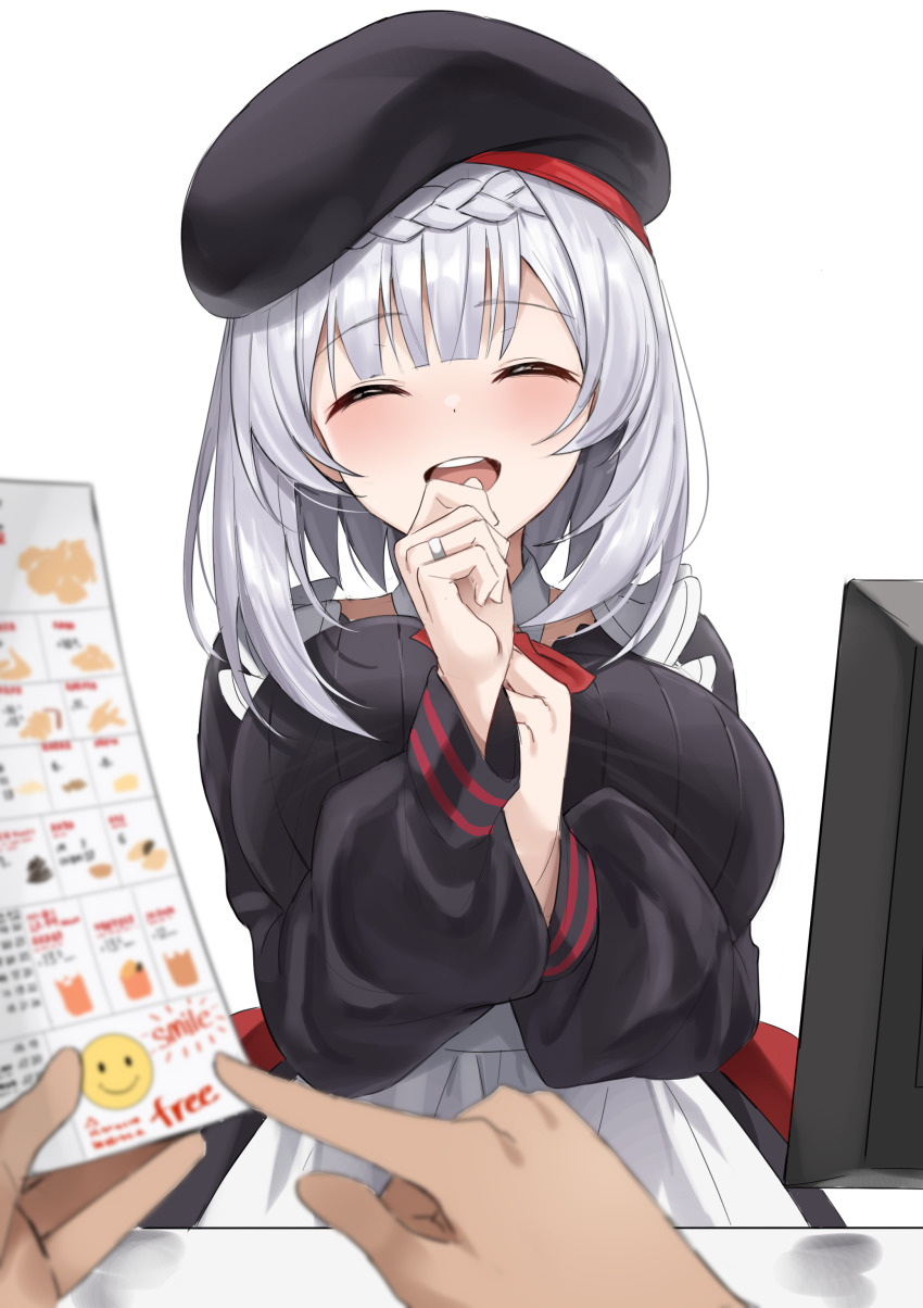 1girl ^_^ absurdres alternate_breast_size apron ascot blunt_bangs blush braid breasts cabbie_hat closed_eyes employee_uniform fast_food_uniform genshin_impact grey_hair happy hat highres large_breasts long_sleeves looking_at_viewer noelle_(genshin_impact) noelle_(kfc)_(genshin_impact) open_mouth paper pointing red_ascot shengtian short_hair simple_background smile solo_focus white_background