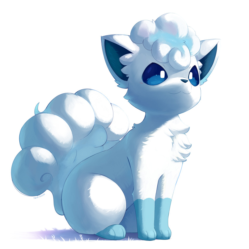 :3 absurdres alolan_form alolan_vulpix blue_sclera bright_pupils closed_mouth colored_sclera creatures_(company) cross-eyed deviantart_username full_body game_freak gen_7_pokemon grass highres nevedoodle nintendo no_humans pokemon pokemon_(creature) pokemon_focus shadow sidelighting simple_background sitting solo three_quarter_view white_background white_pupils