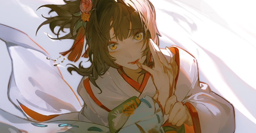 1girl absurdres applying_makeup blood blood_on_clothes blood_on_hands brown_hair closed_mouth coat eyelashes eyeliner finger_to_another&#039;s_mouth floating_clothes floating_hair flower frown hair_flower hair_ornament highres holding_another&#039;s_wrist japanese_clothes kayo_(ken_ga_kimi) ken_ga_kimi kimono long_hair long_sleeves looking_at_viewer makeup out_of_frame pov pov_hands red_flower red_lips ribbon-trimmed_sleeves ribbon_trim sad sagihara_sakyou side_ponytail solo_focus tassel tassel_hair_ornament uchikake upper_body white_background white_coat white_kimono wide_sleeves wind yellow_eyes yipei