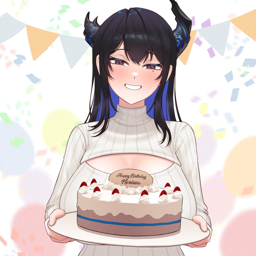 1girl absurdres alternate_costume asymmetrical_horns birthday_cake black_hair blue_hair blush breasts cake cipher4109 cleavage_cutout clothing_cutout colored_inner_hair commentary confetti demon_horns english_commentary food fruit grin happy_birthday highres holding holding_cake holding_food hololive hololive_english horns large_breasts long_hair looking_at_viewer mole mole_under_eye multicolored_hair nerissa_ravencroft red_eyes ribbed_sweater slit_pupils smile solo straight_hair strawberry sweater turtleneck turtleneck_sweater two-tone_hair uneven_horns upper_body virtual_youtuber white_background