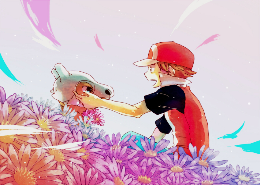 creatures_(company) cubone flower game_freak gen_1_pokemon hat nintendo pokemon pokemon_(creature) red_(pokemon) red_(pokemon_frlg) skyloop19 smile