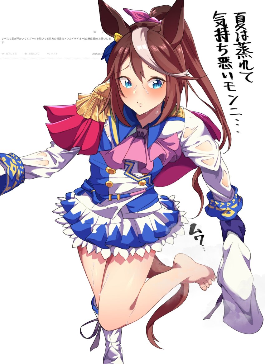 1girl animal_ears ascot barefoot blue_bow blue_eyes blue_jacket blue_ribbon blush boots bow brown_hair brown_tail buttons capelet closed_mouth double-breasted ear_ribbon epaulettes feet foot_out_of_frame frilled_skirt frills gloves gold_trim hair_between_eyes hair_bow high_ponytail highres holding horse_ears horse_girl horse_tail jacket legs long_sleeves looking_down miniskirt multicolored_clothes multicolored_hair multicolored_jacket pink_ascot pink_bow pleated_skirt purple_gloves red_capelet ribbon simple_background single_bare_leg single_boot skirt smell smoke_klll solo sound_effects standing standing_on_one_leg steaming_body streaked_hair sweatdrop tail thighs toenails toes tokai_teio_(umamusume) translation_request two-tone_jacket umamusume unworn_boots wet white_background white_footwear white_jacket