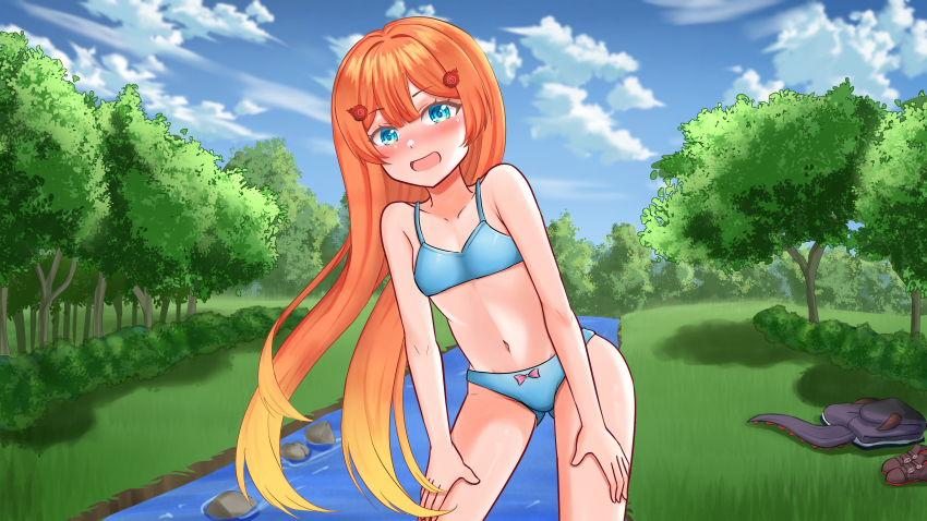 1girl alienmangap belly blonde_hair blue_bra blue_eyes blue_panties blush blush_stickers bow bow_panties bra breasts bush cloud cloudy_sky commission flat_chest grass hair_ornament hands_on_own_thighs highres hood hoodie horns knee_up knees_up looking_at_viewer miki_hitsugi multicolored_hair navel nose open_mouth orange_hair outdoors panties pants ribbon river rock shoes shorts sky small_breasts smile solo specialite_(company) specialite_en tail thighs tree underwear unworn_pants unworn_shoes unworn_shorts virtual_youtuber water