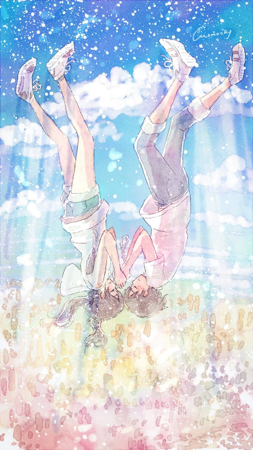 1boy 1girl amano_hina_(tenki_no_ko) artist_name blue_sky brown_hair closed_eyes cloud commentary_request falling full_body highres holding_hands hood hoodie momochy morishima_hodaka_(tenki_no_ko) shirt shoes shorts sky sleeveless sleeveless_hoodie sneakers t-shirt tenki_no_ko twintails upside-down