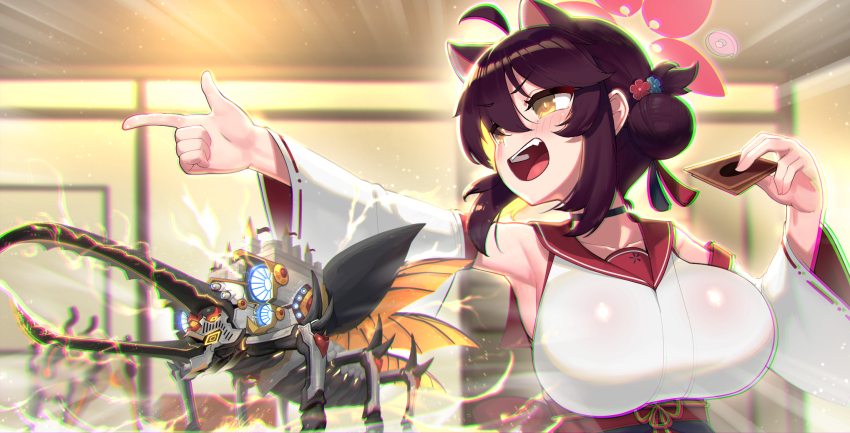 1girl :d ahoge animal_ears armpits beetle blue_archive blush breasts brown_hair bug card chromatic_aberration commentary_request detached_sleeves finger_gun hair_bun halo hercules_beetle highres holding holding_card indoors insect kaede_(blue_archive) large_breasts leonat long_sleeves looking_away non-humanoid_robot open_mouth oppai_loli outstretched_arm red_sailor_collar ribbon-trimmed_thighhighs ribbon_trim robot robot_animal sailor_collar smile solo thighhighs ultra_beetrooper_absolute_hercules upper_body yellow_eyes yu-gi-oh!