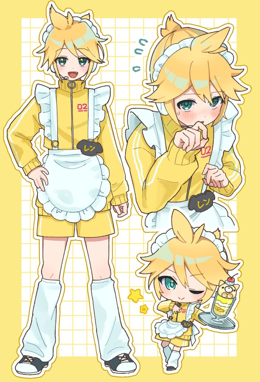 1boy alternate_costume apron aqua_eyes blonde_hair blush border chibi chibi_inset closed_mouth commentary crossdressing flying_sweatdrops food frilled_apron frills full_body grid_background hand_on_own_hip hand_up hidaka_ui highres holding holding_tray ice_cream ice_cream_float jacket jersey_maid kagamine_len leg_warmers long_sleeves looking_at_viewer maid maid_apron maid_headdress male_maid multiple_views one_eye_closed outline outside_border parted_lips shoes short_hair shorts smile sneakers standing star_(symbol) straight-on track_jacket tray unconventional_maid upper_body vocaloid waist_apron white_apron white_background white_leg_warmers yellow_border yellow_jacket yellow_shorts zipper_pull_tab