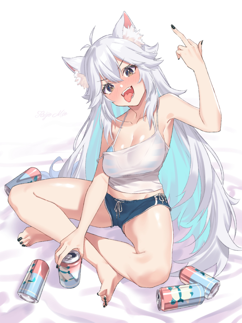 1girl ahoge animal_ear_fluff animal_ears antenna_hair aqua_hair artist_name barefoot bikini bikini_top_only black_eyes black_nails blue_bikini blue_shorts blush breasts camisole can colored_inner_hair dolphin_shorts fangs full_body hand_up highres indian_style indie_virtual_youtuber long_hair looking_at_viewer medium_breasts middle_finger multicolored_hair nail_polish open_mouth saijo-m see-through_clothes short_shorts shorts sitting soles solo spaghetti_strap strap_slip striped_bikini striped_clothes swimsuit toenail_polish toenails toes tongue tongue_out vei_(vtuber) vei_(vtuber)_(8th_costume) virtual_youtuber white_camisole white_hair