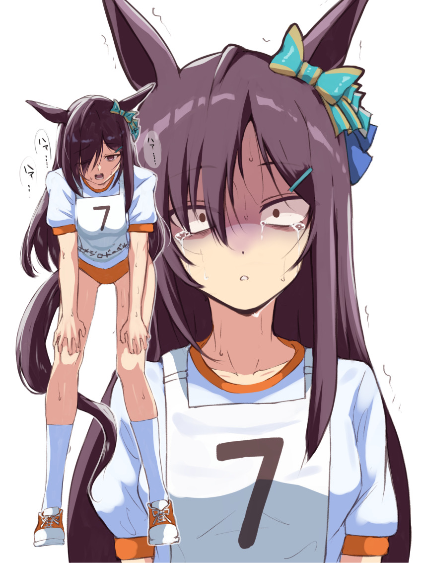 absurdres alternate_costume animal_ears bent_over black_hair breasts buruma commentary_request crying crying_with_eyes_open enukee full_body gym_uniform hair_between_eyes hair_ornament hairclip heavy_breathing highres horse_girl looking_at_viewer medium_breasts mejiro_dober_(umamusume) one_eye_closed ribbon socks standing sweat tears translation_request umamusume white_background white_socks