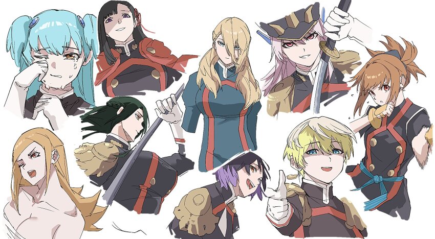 6+girls azuma_fubuki black_hair blonde_hair blue_eyes breasts cleavage ezo_yakumo highres izumo_tenka kamiunten_mira large_breasts long_hair mato_seihei_no_slave multiple_girls purple_eyes sword tatara_konomi tsukiyono_bell uzen_kyouka varvara_pilipenko weapon yamashiro_ren