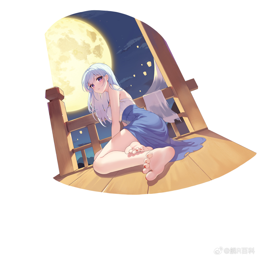 1girl anshan_(warship_girls_r) bare_arms bare_legs bare_shoulders barefoot blue_dress dress earrings feet foot_focus foreshortening full_moon highres jewelry jianr_baike legs long_hair looking_at_viewer moon nail_polish night night_sky purple_eyes red_nails sitting sky smile soles solo toenail_polish toenails toes warship_girls_r white_hair