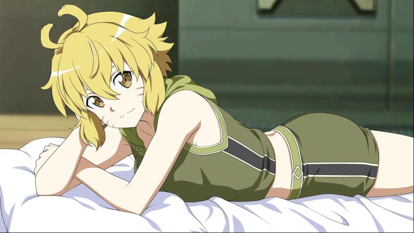 1girl argo_the_rat bed bed_sheet bedroom blonde_hair breasts brown_eyes collarbone crop_top facial_mark female_focus from_side game_cg hair_between_eyes head_rest highres indoors looking_at_viewer lying medium_breasts midriff official_art on_stomach short_hair short_shorts shorts sleeveless smile solo sword_art_online sword_art_online:_fatal_bullet