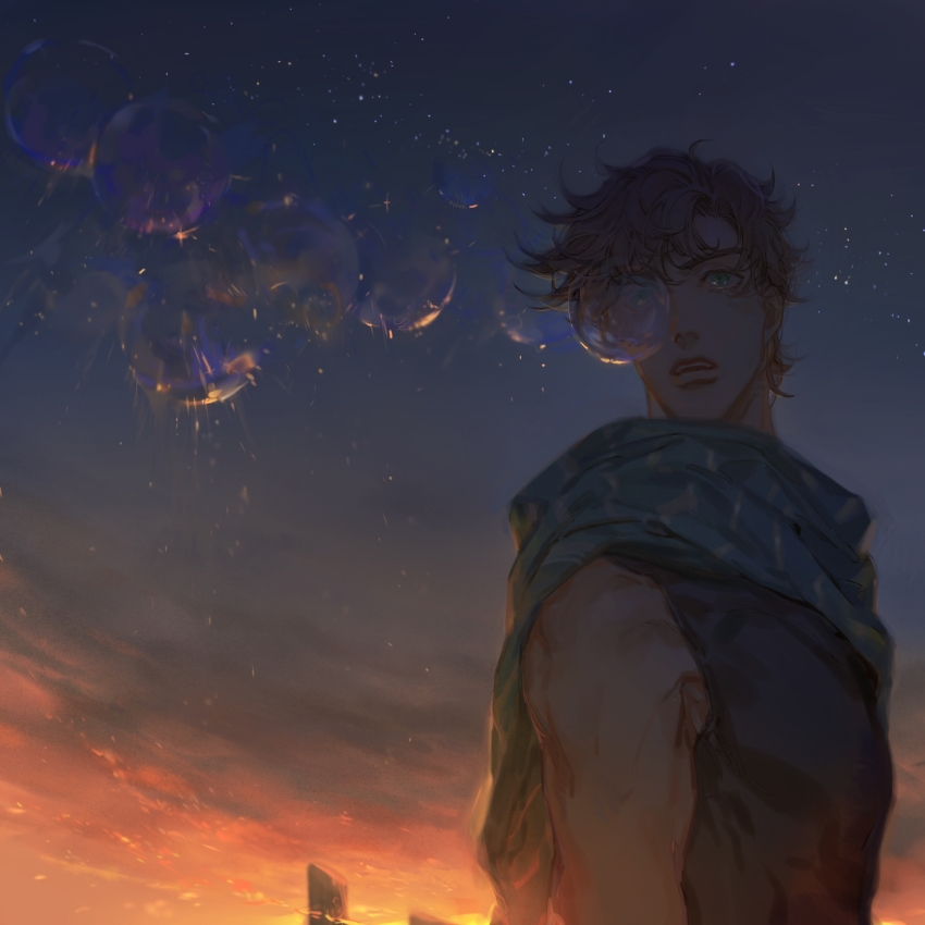 1boy bare_shoulders battle_tendency black_hair brown_hair bubble green_eyes green_scarf highres jojo_no_kimyou_na_bouken joseph_joestar joseph_joestar_(young) male_focus mitus scarf sky solo star_(sky) starry_sky striped_clothes striped_scarf sunset vertical-striped_clothes vertical-striped_scarf