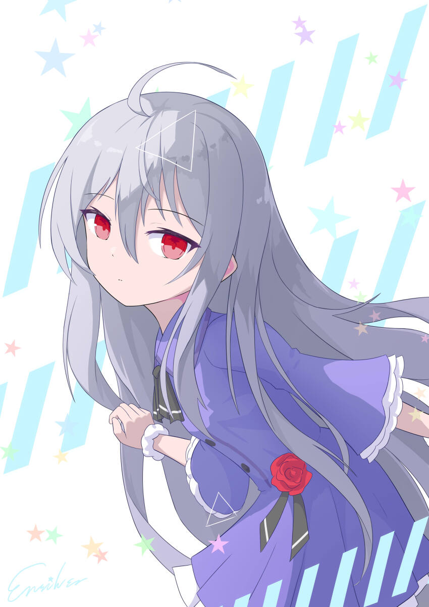 100_percent_orange_juice 1girl absurdres buttons dress flower grey_hair highres looking_at_viewer purple_dress red_eyes rose simple_background star_(symbol) suguri suguri_(orange_juice) triangle