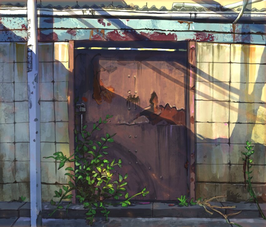 corrugated_galvanized_iron_sheet dappled_sunlight day entrance highres morning no_humans original plant rust sanegesan scenery shadow sunlight sunrise tile_wall tiles vines weeds