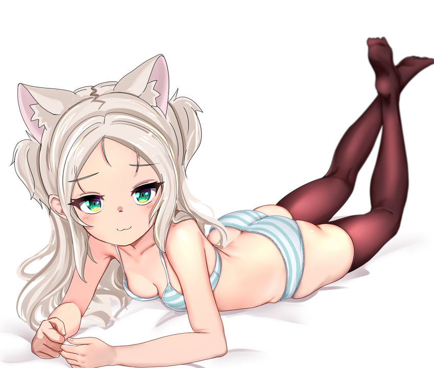 1girl animal_ears ass azur_lane bed_sheet black_thighhighs blue_bra blue_panties bra breasts butt_crack cat_ears cleavage closed_mouth commentary dedorudy extra_ears green_eyes legs_up long_hair looking_at_viewer lying on_bed on_stomach panties sims_(azur_lane) small_breasts smile solo striped_bra striped_clothes striped_panties thighhighs underwear underwear_only white_hair