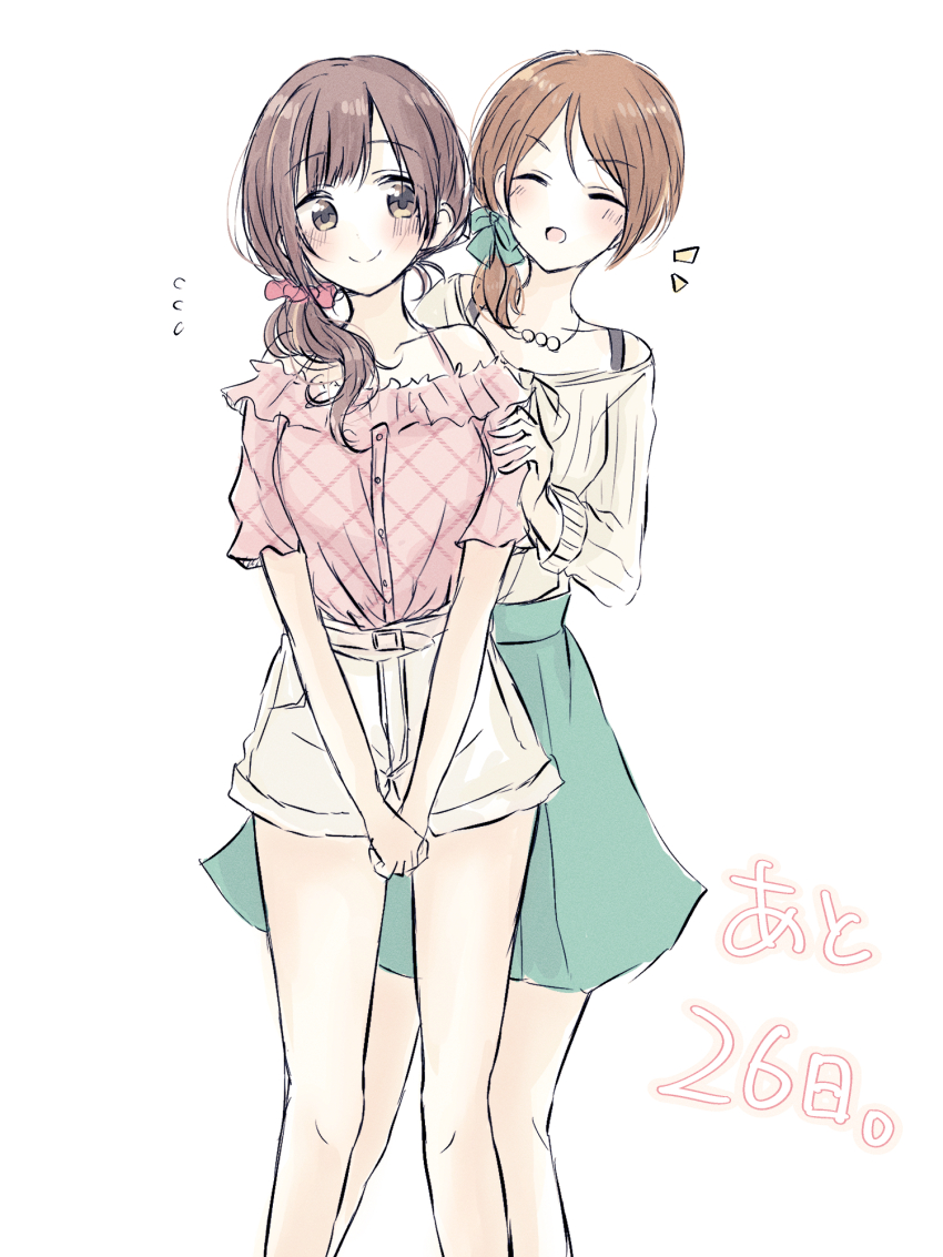2girls baran._(ba_ra_ran) blush breasts brown_hair c: closed_mouth commentary_request countdown feet_out_of_frame flying_sweatdrops frilled_shirt frills green_skirt hair_ornament hair_scrunchie highres hojo_karen idolmaster idolmaster_cinderella_girls igarashi_kyoko long_sleeves looking_at_another low_side_ponytail medium_breasts multiple_girls notice_lines off-shoulder_shirt off_shoulder parted_bangs pink_scrunchie pink_shirt scrunchie shirt short_sleeves shorts simple_background skirt smile split_mouth standing swept_bangs v_arms white_background white_shirt white_shorts