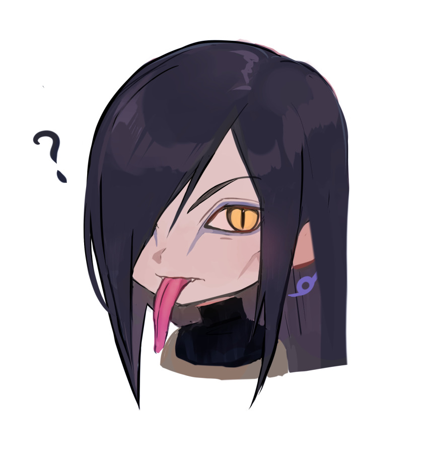 1boy ? ayuyaki black_hair chibi cropped_torso eyeliner facial_mark fang hair_over_one_eye highres long_hair long_tongue looking_at_viewer makeup male_focus naruto_(series) orochimaru_(naruto) pale_skin slit_pupils snake_boy solo tongue yellow_eyes