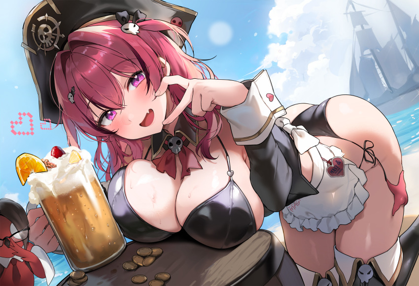 1girl apron beer_mug bikini black_corset breast_rest breasts breasts_on_table coin corset cup detached_collar fang gijang goddess_of_victory:_nikke hair_between_eyes hair_intakes hair_ornament hat heart_cheeks highres holding holding_cup large_breasts long_hair looking_at_viewer maid_apron mast_(nikke) mast_(romantic_maid)_(nikke) morgan_(nikke) mug official_alternate_costume open_mouth pink_eyes pirate_hat side-tie_bikini_bottom skin_fang skindentation skull_collar skull_hair_ornament smile solo swimsuit waist_apron wet white_apron white_wrist_cuffs wrist_cuffs