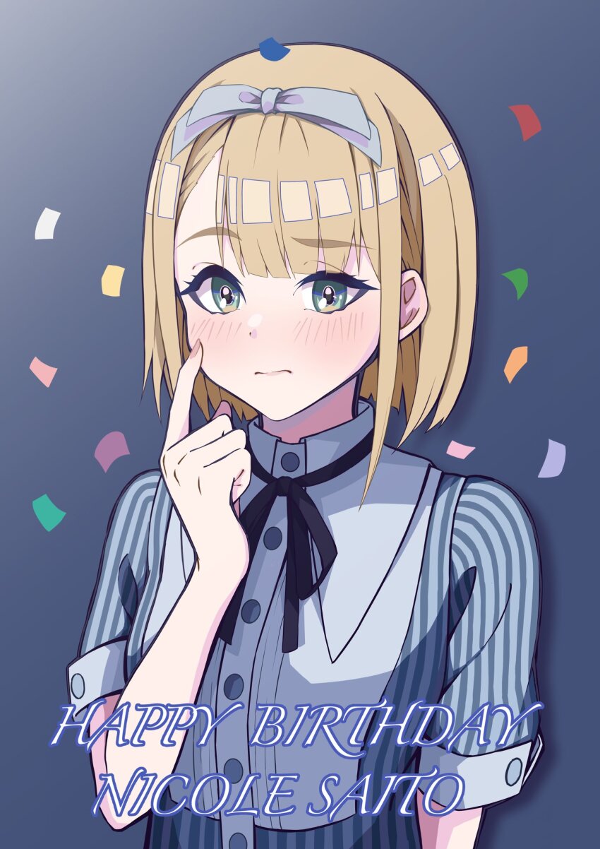 1girl 22/7 asymmetrical_bangs blonde_hair blue_background blue_bow blue_hairband bob_cut bow bow_hairband character_name closed_mouth confetti dress finger_to_cheek green_eyes hair_bow hairband happy_birthday highres index_finger_raised inverted_bob lionmaru0808 looking_at_viewer portrait rikaisha saito_nicole short_hair short_sleeves solo striped_clothes striped_dress vertical-striped_clothes vertical-striped_dress