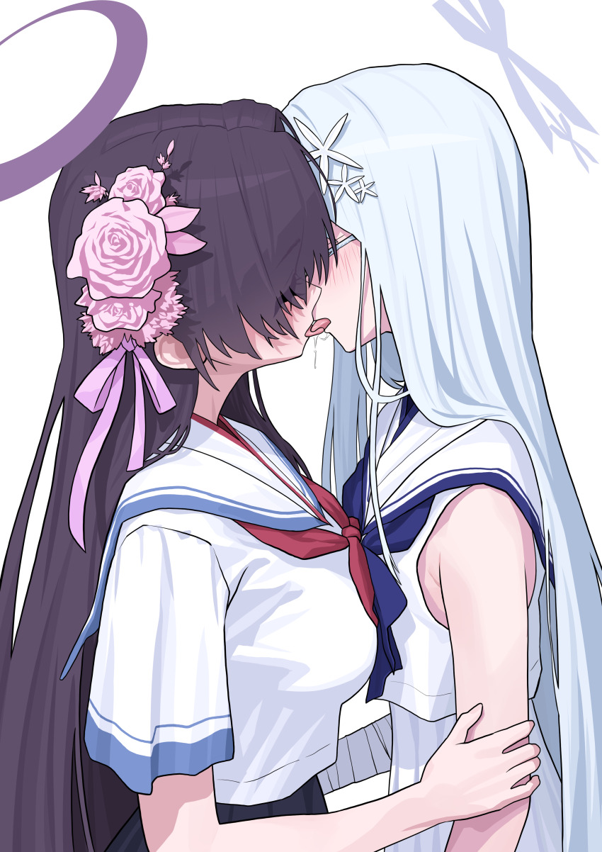 2girls absurdres bare_shoulders blue_archive blue_hair blush breasts closed_eyes french_kiss hair_ornament halo highres kiss long_hair multiple_girls nagusa_(blue_archive) okokorika purple_hair saliva school_uniform serafuku simple_background sleeveless tongue tongue_out white_background yukari_(blue_archive) yuri