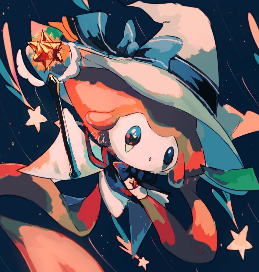 absurdres blue_bow blue_eyes bow creatures_(company) floating game_freak gen_3_pokemon hat hat_bow highres jirachi legendary_pokemon mythical_pokemon nintendo no_humans pokemon pokemon_(creature) sky star_(sky) star_(symbol) starry_sky su_(sajo_su5) wand white_hat witch_hat