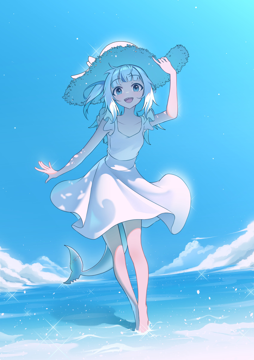 1girl absurdres alternate_costume bare_arms bare_legs barefoot blue_eyes blue_hair blue_sky cloud commentary day dress english_commentary fins fish_tail frilled_sleeves frills full_body gawr_gura hand_on_headwear hat highres hololive hololive_english lazyfox long_hair looking_at_viewer multicolored_hair ocean one_side_up outdoors shark_girl shark_tail sharp_teeth short_sleeves sky solo straw_hat streaked_hair sun_hat sundress tail teeth virtual_youtuber wading white_dress white_hair