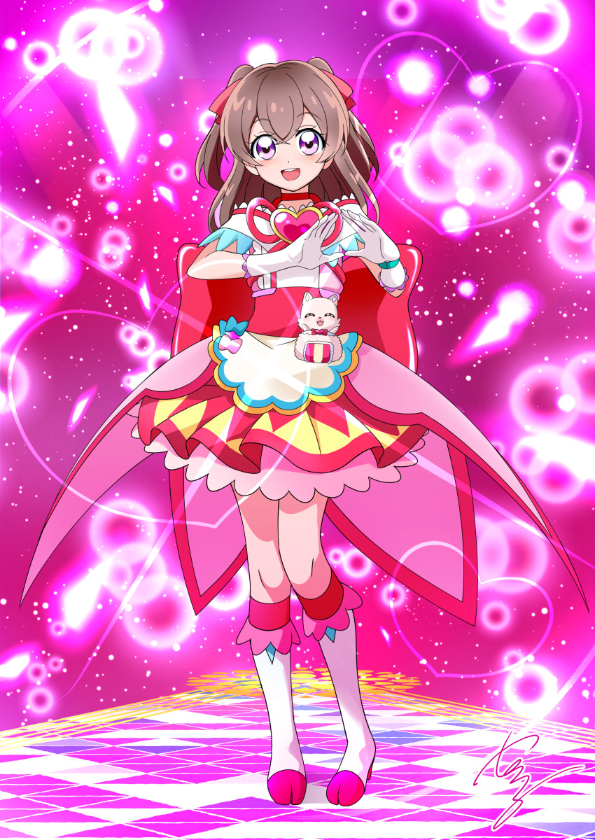 1girl absurdres artist_name back_bow boots bow brooch brown_hair choker commentary_request commission cosplay cure_precious cure_precious_(cosplay) delicious_party_precure dress full_body gloves hair_ribbon heart heart_brooch highres huge_bow jewelry knee_boots kome-kome_(precure) light_particles looking_at_viewer magical_girl medium_hair nagomi_yui open_mouth own_hands_together partial_commentary precure purple_eyes red_bow red_choker red_dress red_ribbon ribbon self_cosplay short_dress signature skeb_commission smile solo standing tirofinire two_side_up white_footwear white_gloves