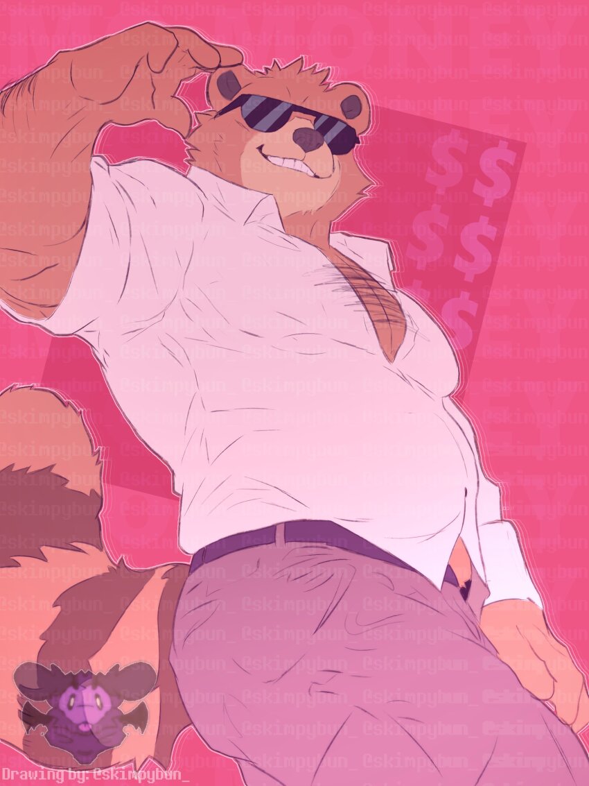 1boy absurdres animal_ears bara belt character_request chest_hair_peek collared_shirt cowboy_shot hairy highres large_pectorals looking_at_viewer male_focus mature_male muscular muscular_male pants pectoral_cleavage pectorals pink_background raccoon_boy raccoon_ears raccoon_tail shirt short_hair skimpybun solo standing sunglasses tail thick_arm_hair thick_chest_hair undertale undertale_yellow waving