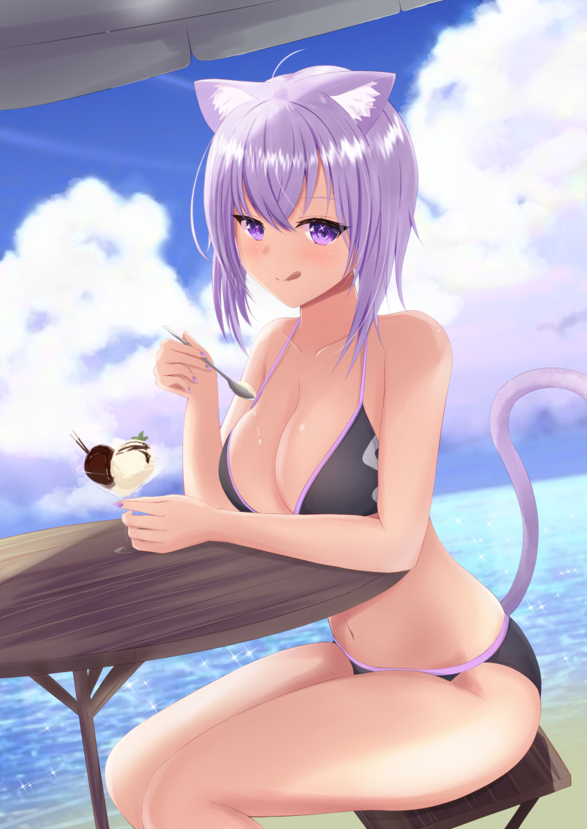 1girl :q absurdres animal_ear_fluff animal_ears beach bench bikini blue_sky blush breasts cat_ears cat_girl cat_tail chair cleavage cloud cloudy_sky commentary eating food highres hololive ice_cream miyakoshin053 navel nekomata_okayu ocean parasol purple_eyes purple_hair sand sky solo spoon swimsuit table tail thighs tongue tongue_out umbrella virtual_youtuber water