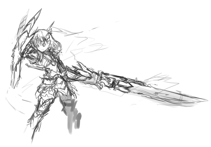 1girl arceonn armor capcom crossover female_focus greyscale holding holding_sword holding_weapon huge_sword huge_weapon large_sword large_weapon long_hair misaka_mikoto monochrome monster_hunter_(series) shield sketch solo sword toaru_kagaku_no_railgun toaru_majutsu_no_index weapon zinogre_(armor)