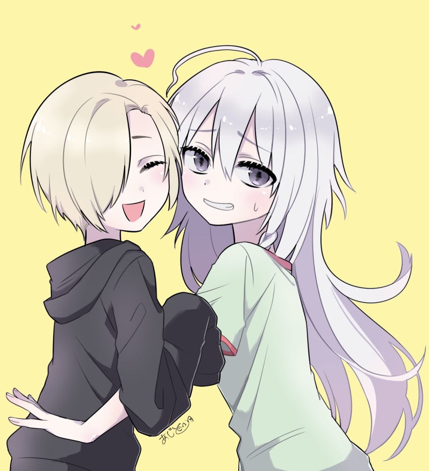 2girls ahoge ajito blonde_hair cheek-to-cheek closed_eyes commentary_request hair_over_one_eye heads_together highres hood hoodie hoshi_syoko idolmaster idolmaster_cinderella_girls idolmaster_cinderella_girls_starlight_stage long_hair long_sleeves multiple_girls purple_eyes shirasaka_koume shirt short_hair signature silver_hair simple_background sleeves_past_wrists sweatdrop t-shirt