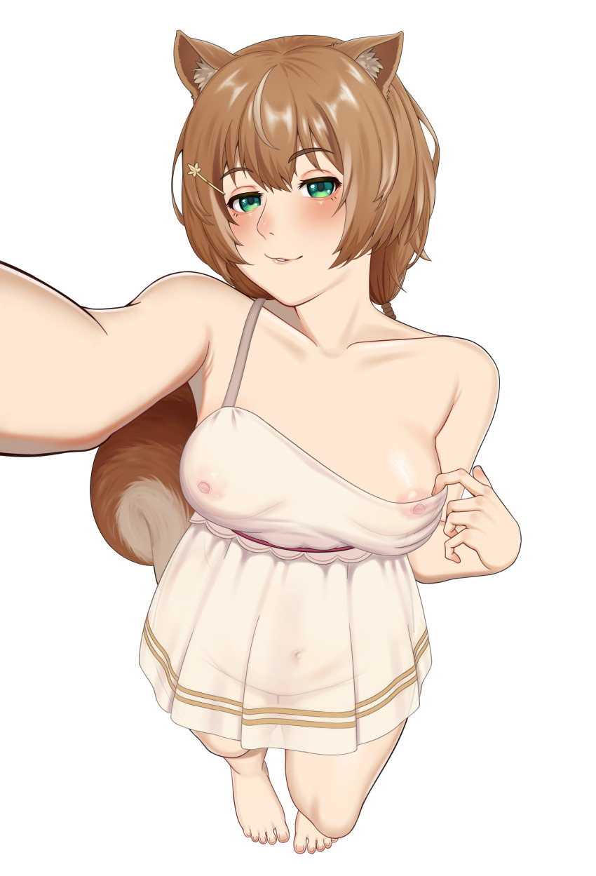 1girl absurdres animal_ears areola_slip ayunda_risu ayunda_risu_(1st_costume) barefoot blush breasts brown_hair collarbone dress from_above green_eyes hair_ornament highres hololive hololive_indonesia long_hair looking_at_viewer medium_breasts navel nipples pulling_own_clothes reaching reaching_towards_viewer see-through_clothes selfie solo squirrel_ears squirrel_girl squirrel_tail strap_slip tail tomiiate virtual_youtuber white_background white_dress