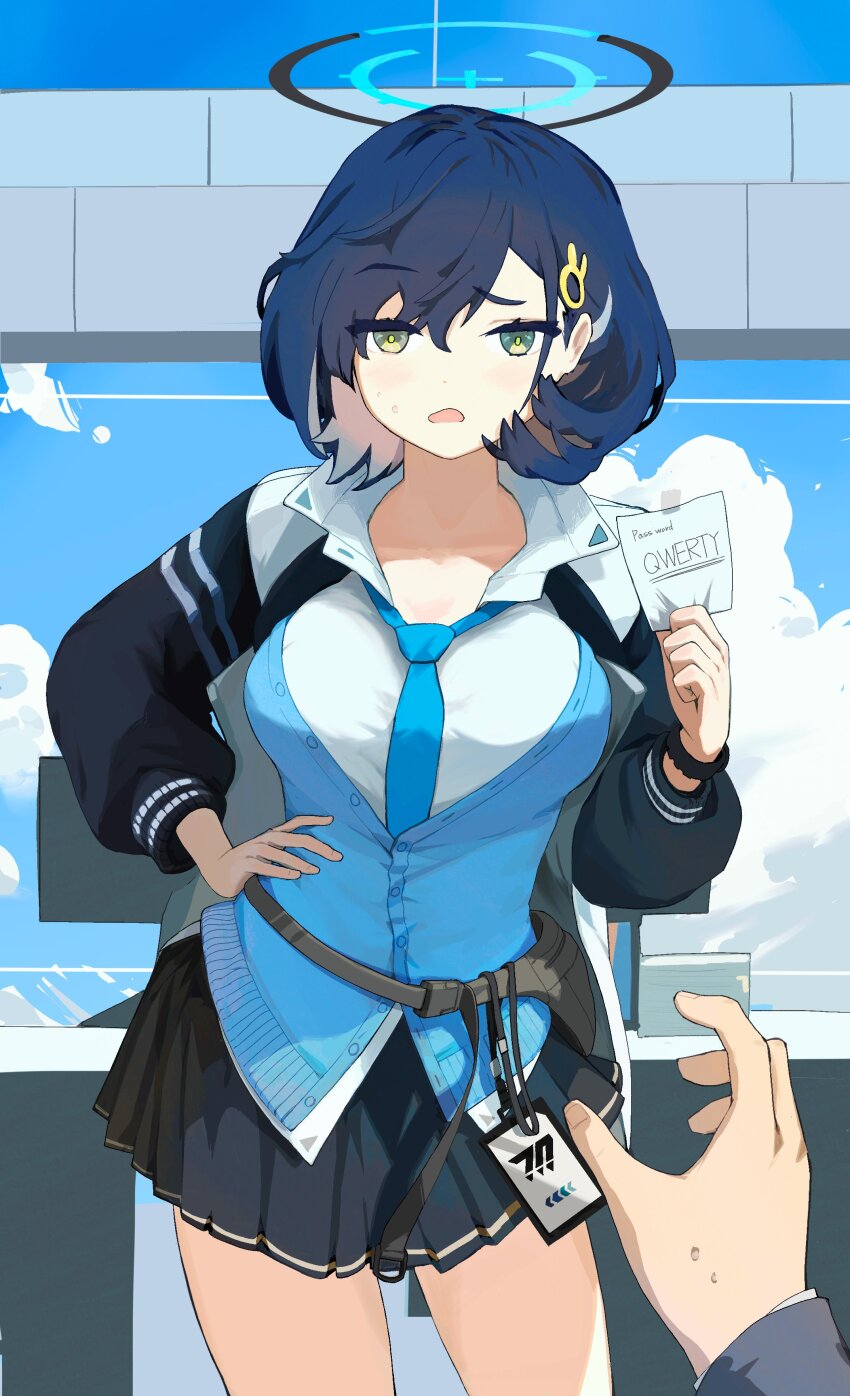 1boy 1girl absurdres blue_archive blue_sky chihiro_(blue_archive) english_text eulmeulyag highres idolmaster idolmaster_(classic) idolmaster_1 looking_at_viewer paper school_uniform sensei_(blue_archive) sky sweat twitter