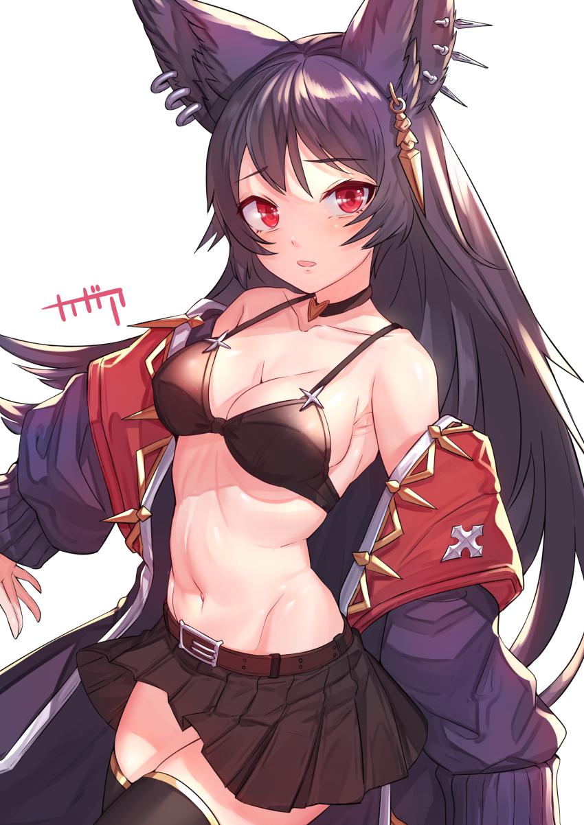 1girl absurdres animal_ears armpits arpeggio_kaga bare_shoulders belt bikini bikini_top_only black_bikini black_choker black_coat black_hair black_skirt black_thighhighs breasts choker cleavage coat collarbone cowboy_shot earrings erune gold_trim granblue_fantasy groin hair_ornament highres jewelry long_hair long_sleeves looking_at_viewer medium_breasts miniskirt navel nier_(granblue_fantasy) off_shoulder open_clothes open_coat open_mouth pleated_skirt red_eyes simple_background skirt sleeves_past_fingers sleeves_past_wrists solo standing stomach string_bikini swimsuit thighhighs white_background zettai_ryouiki