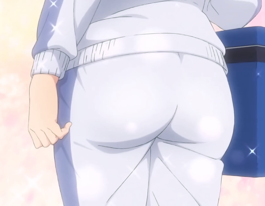 1girl ass ass_focus haikyuu!! highres jacket pants screencap shimizu_kiyoko solo sparkle track_jacket track_pants track_suit