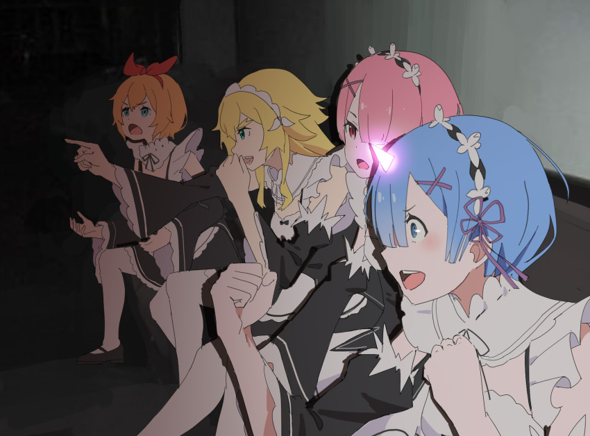 4girls :d :o blonde_hair blue_eyes blue_hair bow bow_hairband clenched_hands commentary commission english_commentary frederica_baumann from_side gaijin_4koma_(meme) glowing_horns green_eyes hair_bow hair_ornament hair_over_one_eye hair_ribbon hairband hands_up highres horns long_sleeves maid maid_headdress meme multiple_girls open_mouth orange_hair pantyhose petra_leyte photo-referenced pink_hair pointing profile purple_ribbon ram_(re:zero) re:zero_kara_hajimeru_isekai_seikatsu red_bow red_eyes red_hairband rem_(re:zero) ribbon ro_ka_ro_ka roswaal_mansion_maid_uniform sharp_teeth single_horn sitting smile teeth thick_eyebrows v-shaped_eyebrows white_pantyhose wide_sleeves x_hair_ornament