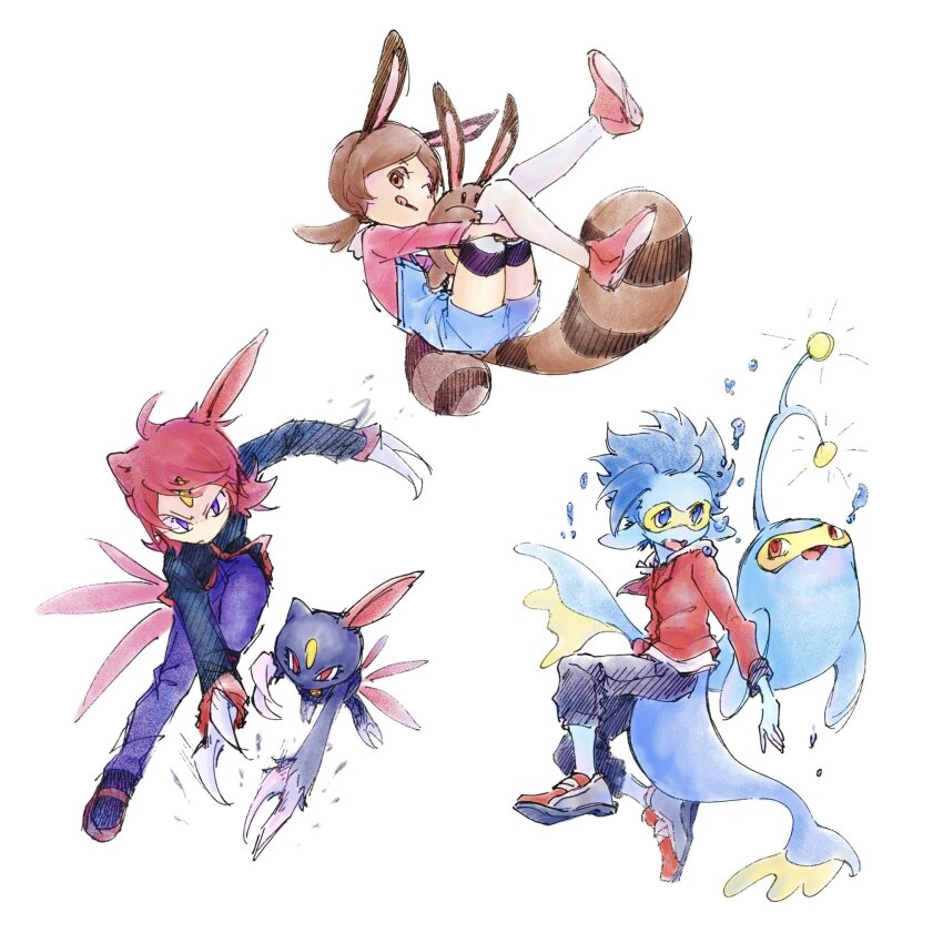 1girl 2boys :d :p animal_ears black_footwear black_jacket black_pants blue_eyes blue_hair blue_overalls blue_skin brown_eyes brown_hair claws colored_skin creatures_(company) ethan_(pokemon) forehead_jewel full_body fusion game_freak gen_2_pokemon highres jacket lanturn long_hair looking_at_viewer lyra_(pokemon) multiple_boys nintendo one_eye_closed open_mouth overalls pants pokemon pokemon_(creature) pokemon_hgss purple_eyes purple_pants red_eyes red_hair red_jacket red_shirt red_shoes sentret shirt shoes silver_(pokemon) simple_background smile sneasel tail tan_carbonnn thighhighs tongue tongue_out white_background white_thighhighs