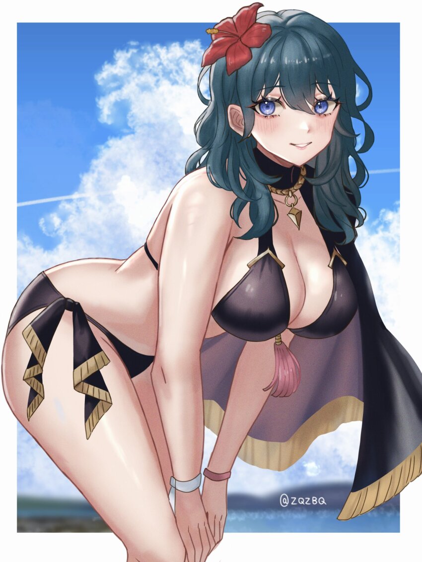 1girl bikini black_bikini black_cape blue_eyes blue_hair blue_sky blush breasts byleth_(female)_(fire_emblem) byleth_(female)_(summer)_(fire_emblem) byleth_(fire_emblem) cape cleavage cloud commentary fire_emblem fire_emblem:_three_houses fire_emblem_heroes flower grin hair_between_eyes hair_flower hair_ornament hibiscus highres large_breasts long_hair looking_at_viewer nintendo official_alternate_costume red_flower sky smile solo swimsuit symbol-only_commentary twitter_username wide_hips zqzbq