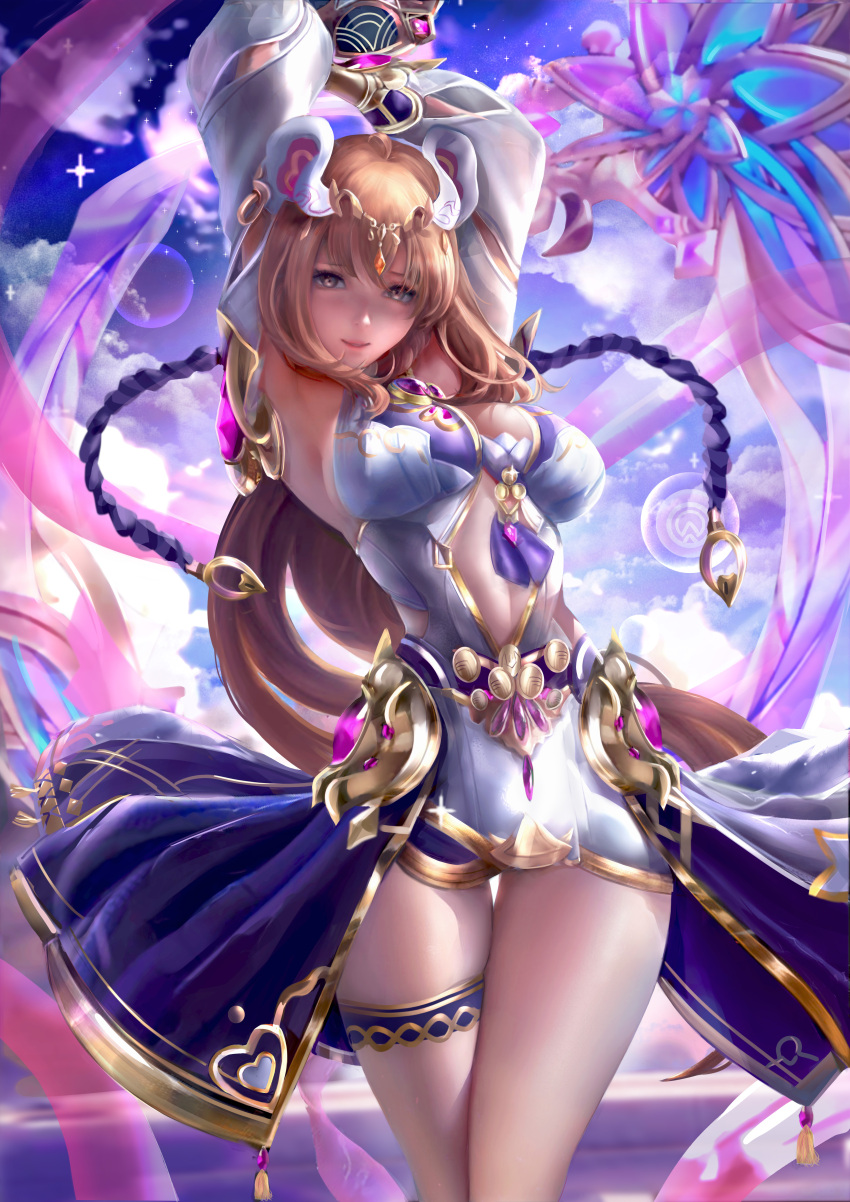 1girl absurdres ahoge ancient_egyptian_clothes armpits arms_up blue_sky breasts closed_mouth cloud cloudy_sky dancing highres honkai_(series) honkai_impact_3rd large_breasts lips long_hair looking_at_viewer nieke orange_eyes orange_hair sky smile solo susannah_manatt susannah_manatt_(valkyrie_quicksand) thigh_strap very_long_hair white_sleeves