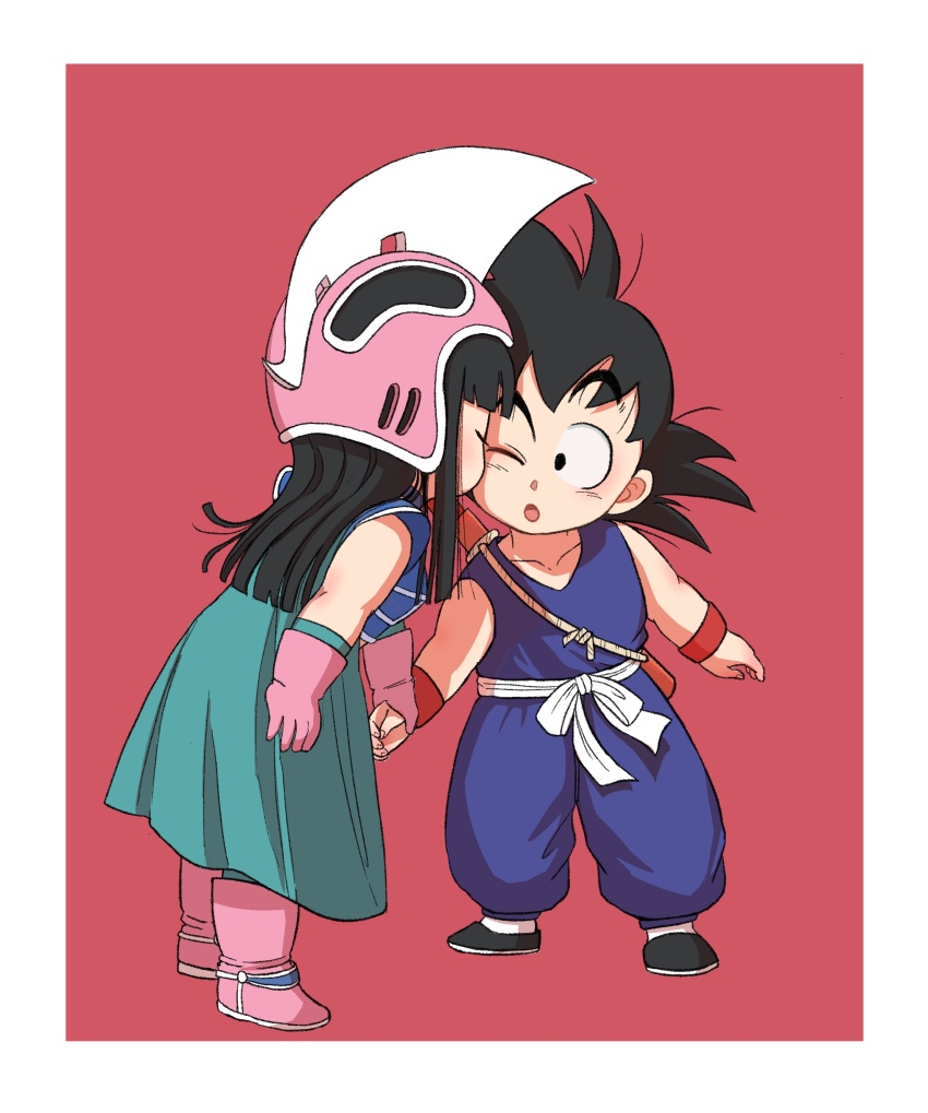 1boy 1girl :o absurdres aged_down aqua_cape armor black_eyes black_hair blue_armor blunt_bangs blunt_ends blunt_sidelocks boots border cape chi-chi_(dragon_ball) child chinese_commentary closed_eyes cmwl_514 commentary_request couple dougi dragon_ball dragon_ball_(classic) full_body gloves helmet hetero highres holding_hands kiss kissing_cheek long_hair looking_at_another one_eye_closed open_mouth pink_footwear pink_gloves pink_helmet red_sweatband ruyi_jingu_bang short_hair son_goku spiked_hair white_border