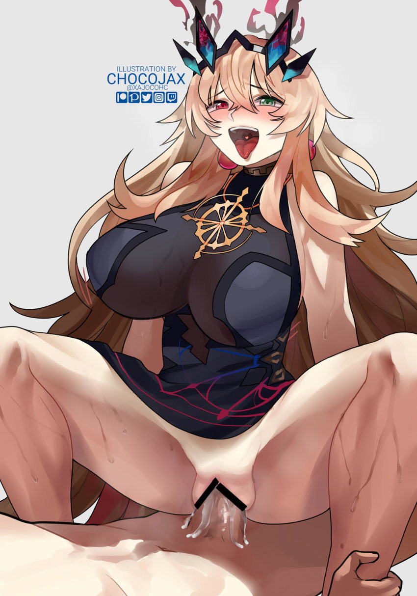 1boy 1girl bar_censor bare_shoulders barghest_(fate) barghest_(second_ascension)_(fate) black_dress blonde_hair blush breasts censored chocojax clothed_female_nude_male clothed_sex cowgirl_position cum cum_in_pussy dress earrings fate/grand_order fate_(series) girl_on_top green_eyes hetero heterochromia highres horns jewelry large_breasts long_hair looking_at_viewer necklace nude open_mouth pelvic_curtain penis pussy red_eyes sex smile spread_legs straddling sweat thighs tongue tongue_out vaginal