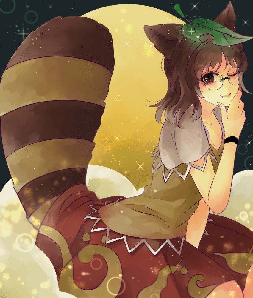 1girl animal_ears brown_eyes brown_hair fang full_moon futatsuiwa_mamizou glasses hand_on_own_chin highres leaf leaf_on_head moon one_eye_closed raccoon_ears raccoon_tail ringocha skirt smile sparkle stroking_own_chin tail touhou