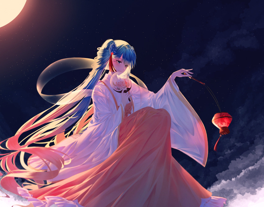 1girl blue_eyes blue_hair china_dress chinese_clothes chuushuu_meigetsu_miku cloud commentary dress floral_print hagoromo hair_between_eyes hair_ornament hand_fan hanfu hatsune_miku highres holding holding_fan lantern long_hair long_skirt long_sleeves looking_ahead moon multicolored_hair night night_sky outdoors paper_lantern pink_hair red_skirt shawl skirt sky smile solo tassel tassel_hair_ornament theazureciel transparent_fan tuanshan two-tone_hair very_long_hair vocaloid wide_sleeves