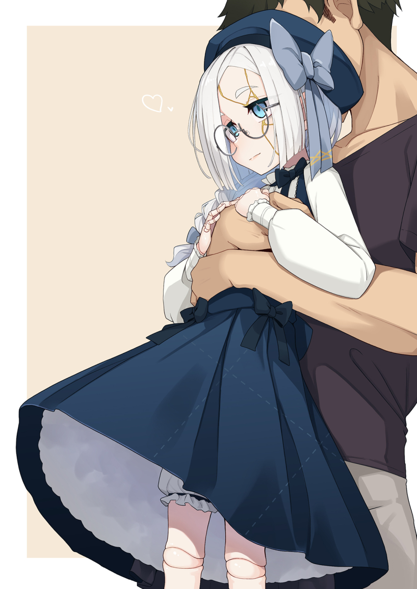 1boy 1girl beret black-framed_eyewear black_bow black_shirt bloomers blue_dress blue_eyes blue_hat border bow brown_background closed_mouth commentary_request doll_joints dress forehead glasses grey_bow grey_hair grey_pants hat heart highres hug hug_from_behind joints katie_(ogami_kazuki) kintsugi long_sleeves ogami_kazuki original pants parted_bangs pleated_dress puffy_long_sleeves puffy_sleeves round_eyewear shirt sleeveless sleeveless_dress sleeves_past_wrists thick_eyebrows underwear white_bloomers white_border white_shirt