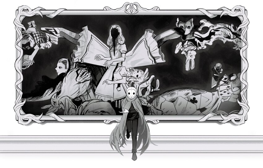 1boy alice_in_wonderland animal_head asdf1211950 black_souls black_souls_2 bowing cape full_body grand_guignol_(black_souls) greyscale highres jacket long_sleeves lorde_(black_souls) male_focus monochrome owl_boy pants picture_frame shoes solo spoilers standing standing_on_one_leg