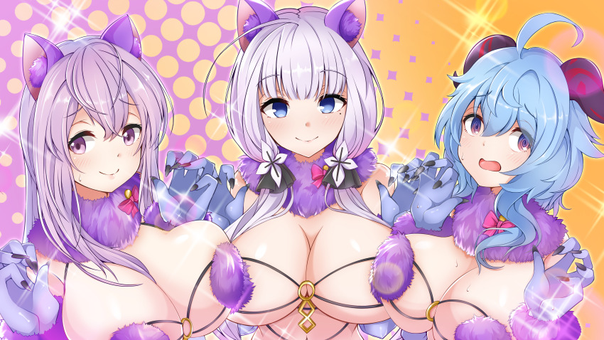 3girls absurdres animal_ear_fluff animal_ears azur_lane blue_eyes blue_hair breast_press breasts commission cosplay crossover fate/grand_order fate_(series) fur-trimmed_gloves fur_bikini fur_collar fur_trim ganyu_(genshin_impact) genshin_impact gloves highres huge_breasts illustrious_(azur_lane) looking_at_viewer mash_kyrielight mash_kyrielight_(dangerous_beast) mash_kyrielight_(dangerous_beast)_(cosplay) mikeaoi1 multiple_girls o-ring o-ring_top pink_hair purple_eyes revealing_clothes short_hair skeb_commission symmetrical_docking upper_body white_hair wolf_ears