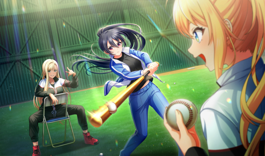 3girls amelia_thunders ball baseball_(object) baseball_bat black_hair black_pants black_shirt blonde_hair blue_hair blue_pants blurry chair cinderella_series closed_mouth depth_of_field dutch_angle film_grain floating_hair folding_chair frida_fernandez_amber game_cg green_eyes grin hachigatsu_no_cinderella_nine hair_between_eyes high_ponytail highres holding holding_ball holding_baseball_bat indoors jacket light_rays long_hair long_sleeves looking_at_another looking_at_object metal_baseball_bat motion_blur multicolored_clothes multicolored_jacket multiple_girls non-web_source official_alternate_hairstyle official_art on_chair open_clothes open_jacket open_mouth pants red_eyes red_footwear shinonome_ryo shirt sitting sitting_backwards smile standing track_jacket track_pants v-shaped_eyebrows very_long_hair