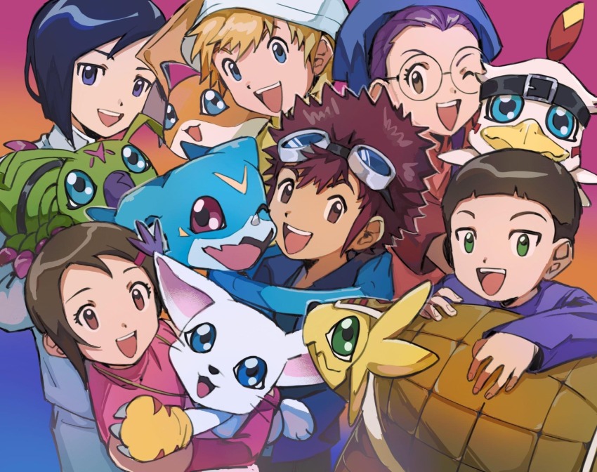 2girls 4boys armadillo armadimon bird bug cat digimon digimon_(creature) digimon_adventure_02 glasses hawkmon hida_iori highres ichijouji_ken inoue_miyako motomiya_daisuke multiple_boys multiple_girls patamon tailmon takaishi_takeru v-mon wings wormmon yagami_hikari