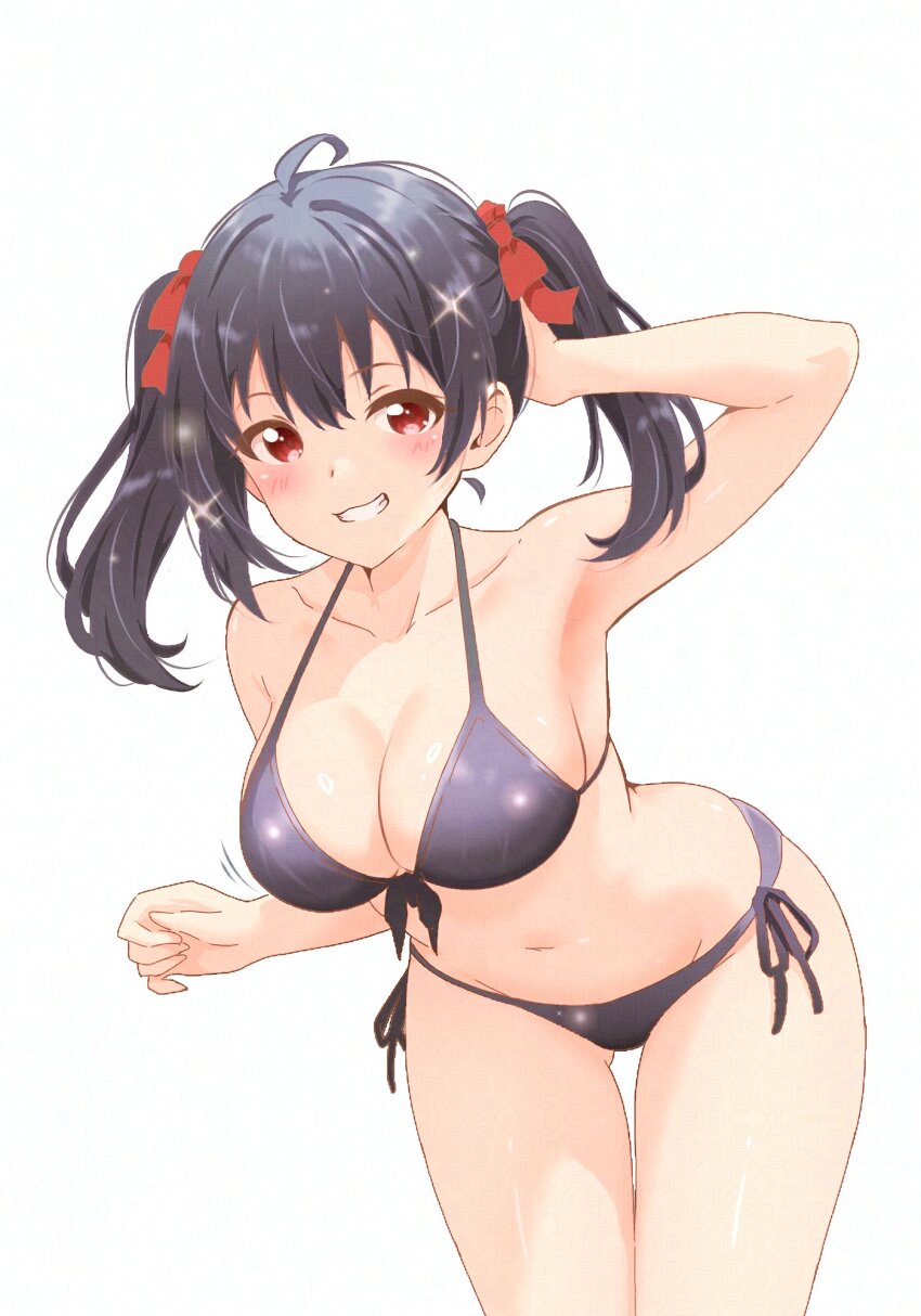 1girl ahoge alternate_breast_size arm_up armpits bikini black_hair blush bow breasts cleavage collarbone commentary front-tie_bikini_top front-tie_top gluteal_fold grin hair_bow hand_on_own_head highres hitorilily large_breasts leaning_forward looking_at_viewer love_live! love_live!_school_idol_project medium_hair motion_lines red_bow red_eyes side-tie_bikini_bottom simple_background smile solo sparkle swimsuit twintails white_background yazawa_nico